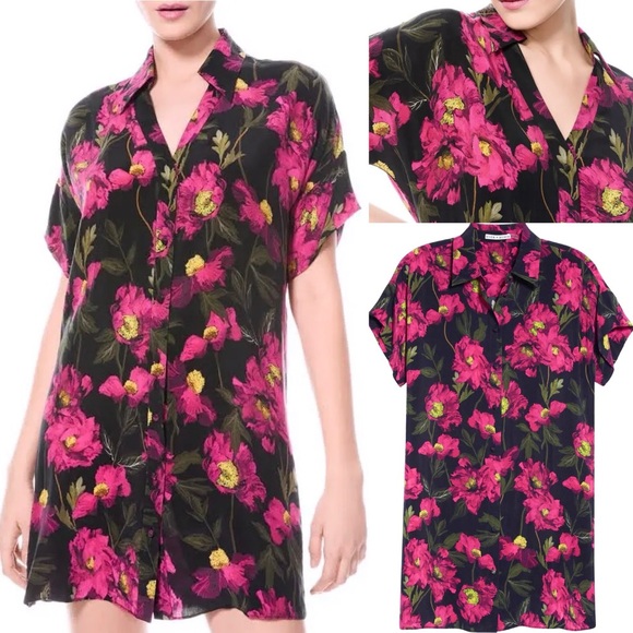 Alice + Olivia 100% Silk Lucette Floral Print Mini Shirt Dress Dropped Shoulder - Picture 3 of 11